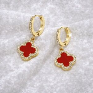 18k Gold Plated Red Clover Drop Earrings with Crystal Halo and case